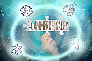 Conceptual display E Commerce Sales. Concept meaning activity of buying or selling of products on online service Hand