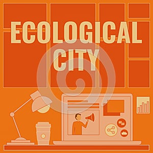 Conceptual display Ecological City. Conceptual photo human settlement modeled on the selfsustaining structure Laptop On