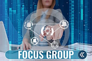 Conceptual display Focus Group. Business showcase showing assembled to participate in discussion about something Lady in