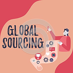 Conceptual display Global Sourcing. Conceptual photo practice of sourcing from the global market for goods Lady photo