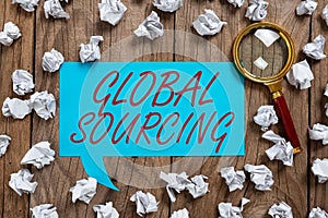 Conceptual display Global Sourcingpractice of sourcing from the global market for goods. Word for practice of sourcing photo