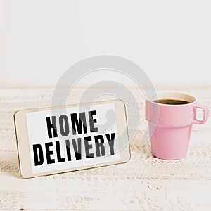 Conceptual display Home Delivery. Business approach All checkout items are directly sent to the buyer s is home