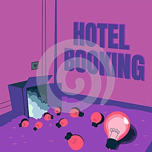 Conceptual display Hotel Booking. Word Written on Online Reservations Presidential Suite De Luxe Hospitality Light bulbs photo