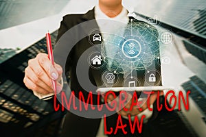 Conceptual display Immigration Law. Internet Concept national statutes and legal precedents governing immigration Lady