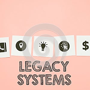 Conceptual display Legacy Systems. Word for old method technology computer system or application program