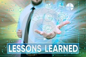 Text sign showing Lessons Learned. Conceptual photo the knowledge or understanding gained by experience Gentelman photo