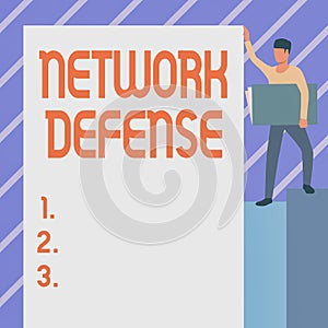 Conceptual display Network Defense. Conceptual photo easures to protect and defend information from disruption Man