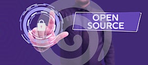 Conceptual display Open Source. Word for denoting software which original source code freely available