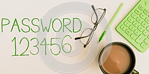 Conceptual display Password 123456. Business concept the hidden word or expression to be used to gain access to