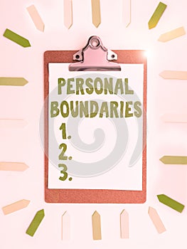 Conceptual display Personal Boundaries. Word for something that indicates limit or extent in interaction with