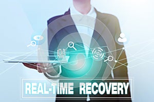 Conceptual display Real Time Recovery. Conceptual photo maximum time period in which recent data can recover Woman In