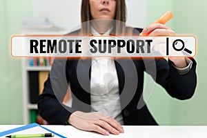 Text caption presenting Remote Support. Conceptual photo help end-users to solve computer problems and issues remotely