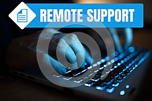 Conceptual display Remote Support. Conceptual photo help end-users to solve computer problems and issues remotely