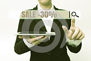 Conceptual display Sale 30 Percent. Word for A promo price of an item at 30 percent markdown Presenting New Technology