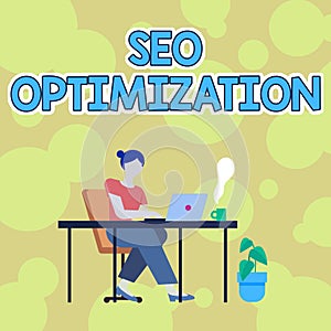 Conceptual display Seo Optimization. Word Written on process of affecting online visibility of website or page Woman