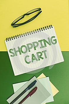 Conceptual display Shopping Cart. Concept meaning Case Trolley Carrying Groceries and Merchandise Flashy School Office