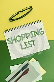 Conceptual display Shopping List. Business approach Discipline approach to shopping Basic Items to Buy Flashy School