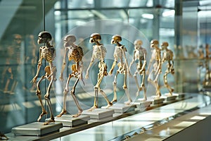 Detailed conceptual display illustrating human evolution with skeleton models in a modern museum