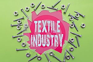 Conceptual display Textile Industry. Business idea production and distribution of yarn cloth and clothing Workshop