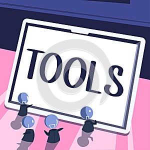Text showing inspiration Tools. Word for device implement like held and used carry out particular function