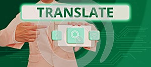 Conceptual display Translate. Business showcase Another word with same equivalent meaning of a target language photo