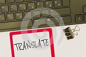 Conceptual display Translate. Word Written on Another word with same equivalent meaning of a target language Computer photo