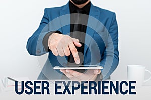 Conceptual display User Experience. Concept meaning using website especially in terms how pleasing it is to use