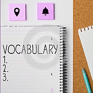 Conceptual display Vocabulary. Internet Concept collection of words and phrases alphabetically arranged and explained or