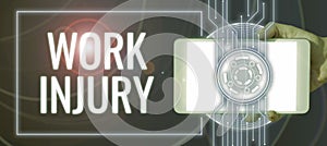 Conceptual display Work Injury. Word for an accident occurred as a result of labor resulting to an damage photo