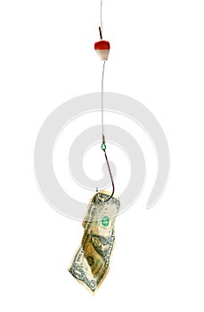 Conceptual. Dollar bill in a hook