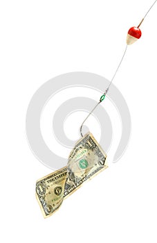 Conceptual. Dollar bill in a hook