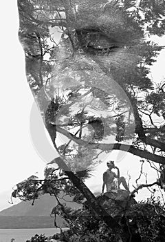 A conceptual double exposure male portrait combined with a photo of a woman