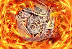 Conceptual finance image of burning pile dollar bill and fire fl