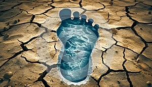 Conceptual Footprint Filled with Ocean Water on Cracked Earth Surface. World Water Day, Earth Day,World Day to Combat