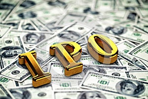 Conceptual golden abbreviation of IPO standing or lying on money dollars banknotes background. 3D Render. photo