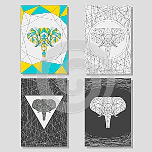 Conceptual graphic set with geometric elephant for use in design for card, poster, banner, placard, brochures or billboard cover