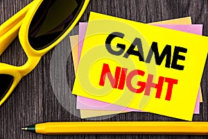 Conceptual hand text showing Game Night. Business photo showcasing Entertainment Fun Play Time Event For Gaming written on Stiky N