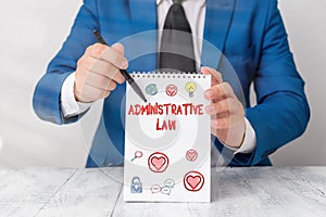 Conceptual hand writing showing Administrative Law. Business photo showcasing Body of Rules regulations Orders created by a