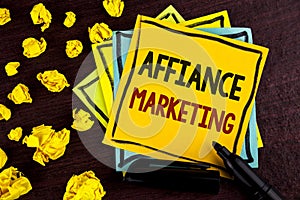 Conceptual hand writing showing Affiance Marketing. Business photo showcasing joining two or more companies in same field mutual g