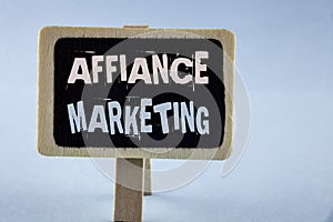 Conceptual hand writing showing Affiance Marketing. Business photo showcasing joining two or more companies in same field mutual g