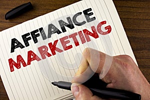 Conceptual hand writing showing Affiance Marketing. Business photo showcasing joining two or more companies in same field mutual g