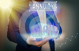 Conceptual hand writing showing Annuity. Business photo text fixed sum of money paid to someone each year Series of payments