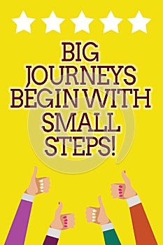 Conceptual hand writing showing Big Journeys Begin With Small Steps. Business photo showcasing One step at a time to reach your go