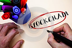 Conceptual hand writing showing Blockchain. Business photo text Register Log Financial Statement Digital Data Technology Record Ma