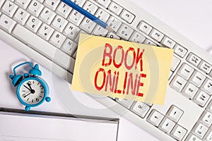 Conceptual hand writing showing Book Online. Business photo text booklike form that is only available to read on the