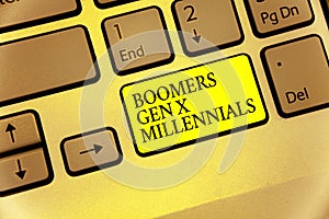 Conceptual hand writing showing Boomers Gen X Millennials. Business photo showcasing generally considered to be about