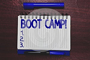 Conceptual hand writing showing Boot Camp. Business photo text Military training camp for new recruits Harsh discipline