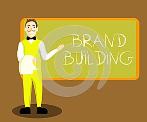 Conceptual hand writing showing Brand Building. Business photo showcasing Generating awareness Establishing and promoting company