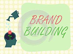 Conceptual hand writing showing Brand Building. Business photo showcasing Generating awareness Establishing and promoting company