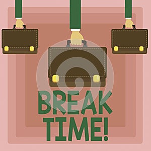 Conceptual hand writing showing Break Time. Business photo showcasing Moment to stop working Get relax Pause.